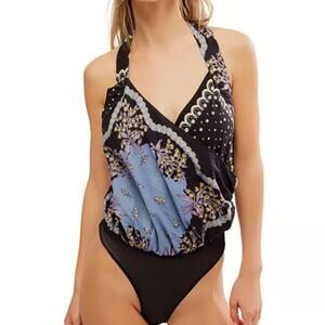 Free People Criss Cross Cotton Bodysuit Black Floral Draped Bodice Size M NWOT